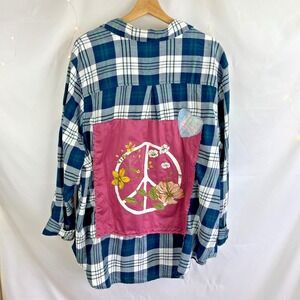 Upcycled Womens Blue Plaid Long Sleeve Top 2X Floral Peace Sign Embroidered Rose